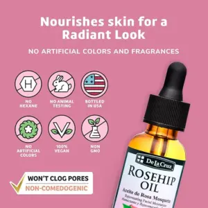 Aceite de Rosa Mosqueta De La Cruz en frasco ámbar con gotero, sobre fondo rosa con iconos de beneficios veganos, no comedogénico y sin químicos añadidos.
